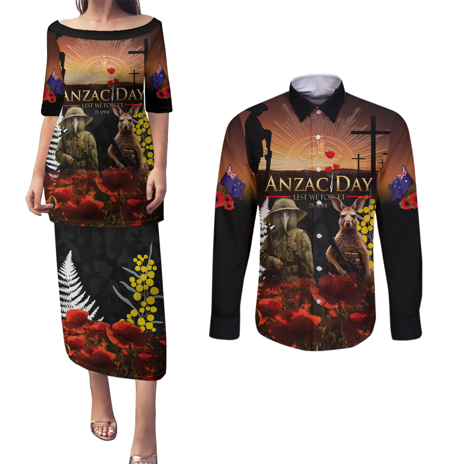 New Zealand and Australia ANZAC Day Couples Matching Puletasi and Long Sleeve Button Shirt Kiwi Bird and Kangaroo Soldier