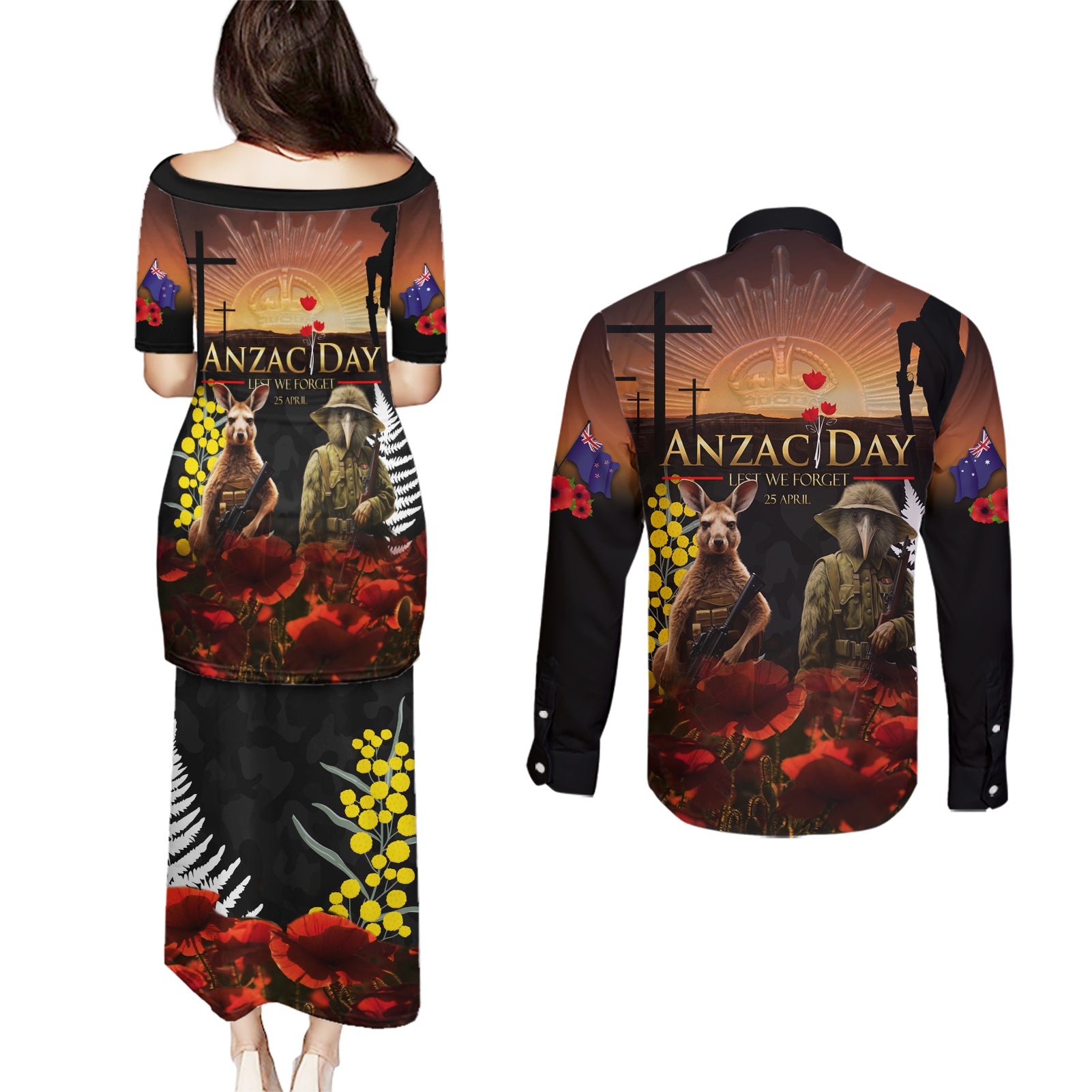 New Zealand and Australia ANZAC Day Couples Matching Puletasi and Long Sleeve Button Shirt Kiwi Bird and Kangaroo Soldier