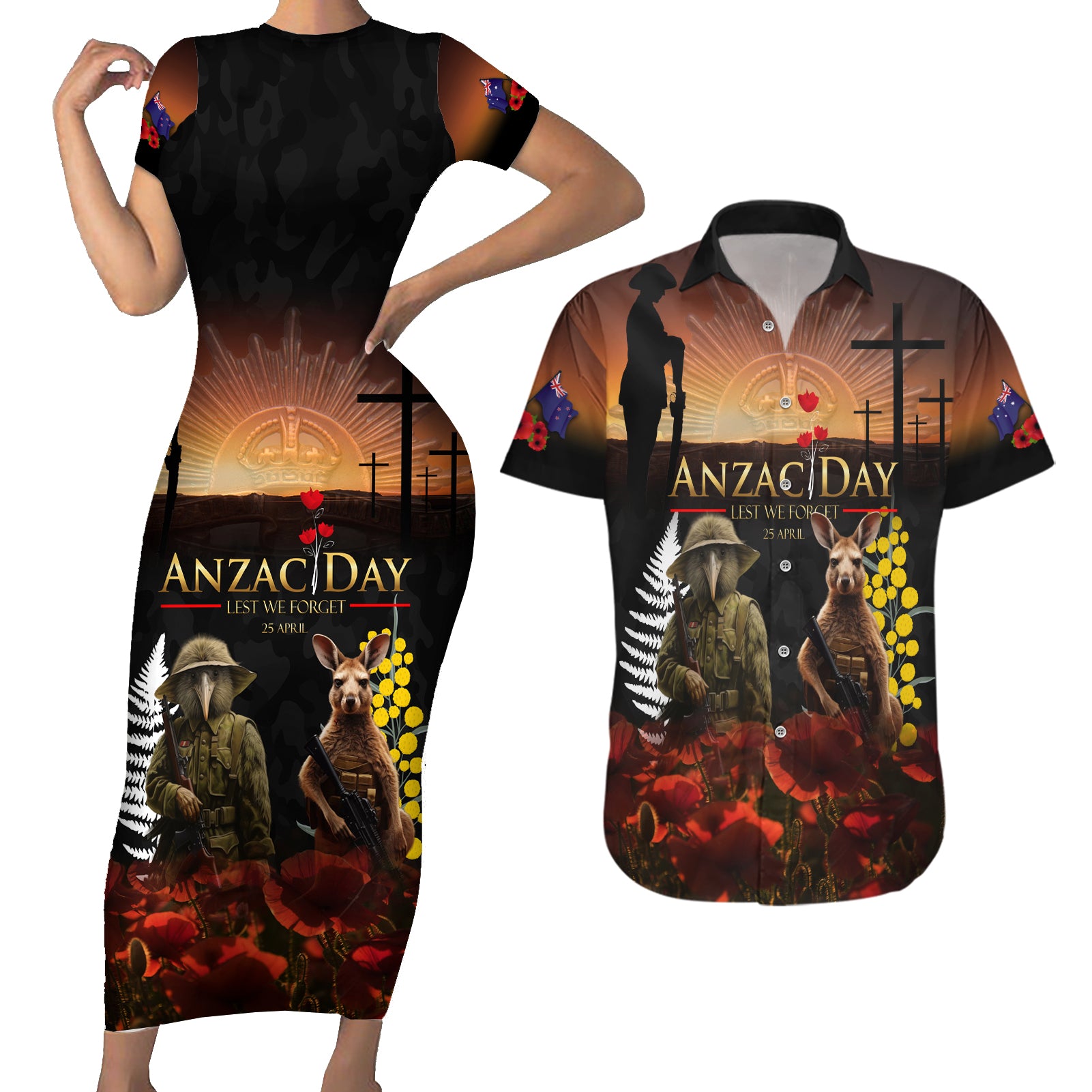 New Zealand and Australia ANZAC Day Couples Matching Short Sleeve Bodycon Dress and Hawaiian Shirt Kiwi Bird and Kangaroo Soldier