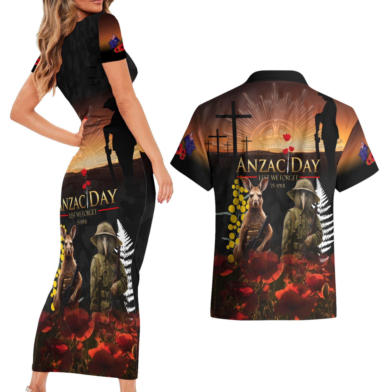 New Zealand and Australia ANZAC Day Couples Matching Short Sleeve Bodycon Dress and Hawaiian Shirt Kiwi Bird and Kangaroo Soldier