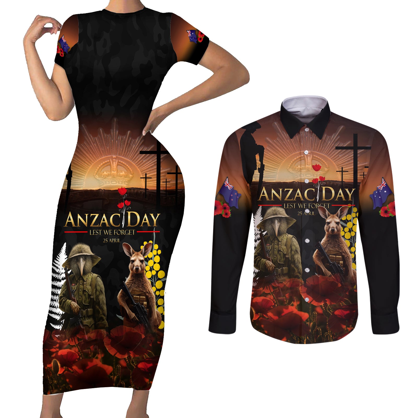 New Zealand and Australia ANZAC Day Couples Matching Short Sleeve Bodycon Dress and Long Sleeve Button Shirt Kiwi Bird and Kangaroo Soldier