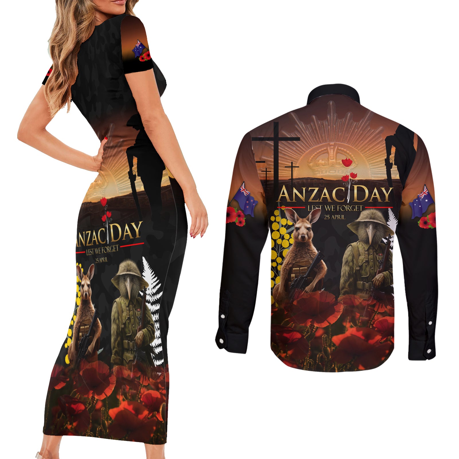New Zealand and Australia ANZAC Day Couples Matching Short Sleeve Bodycon Dress and Long Sleeve Button Shirt Kiwi Bird and Kangaroo Soldier