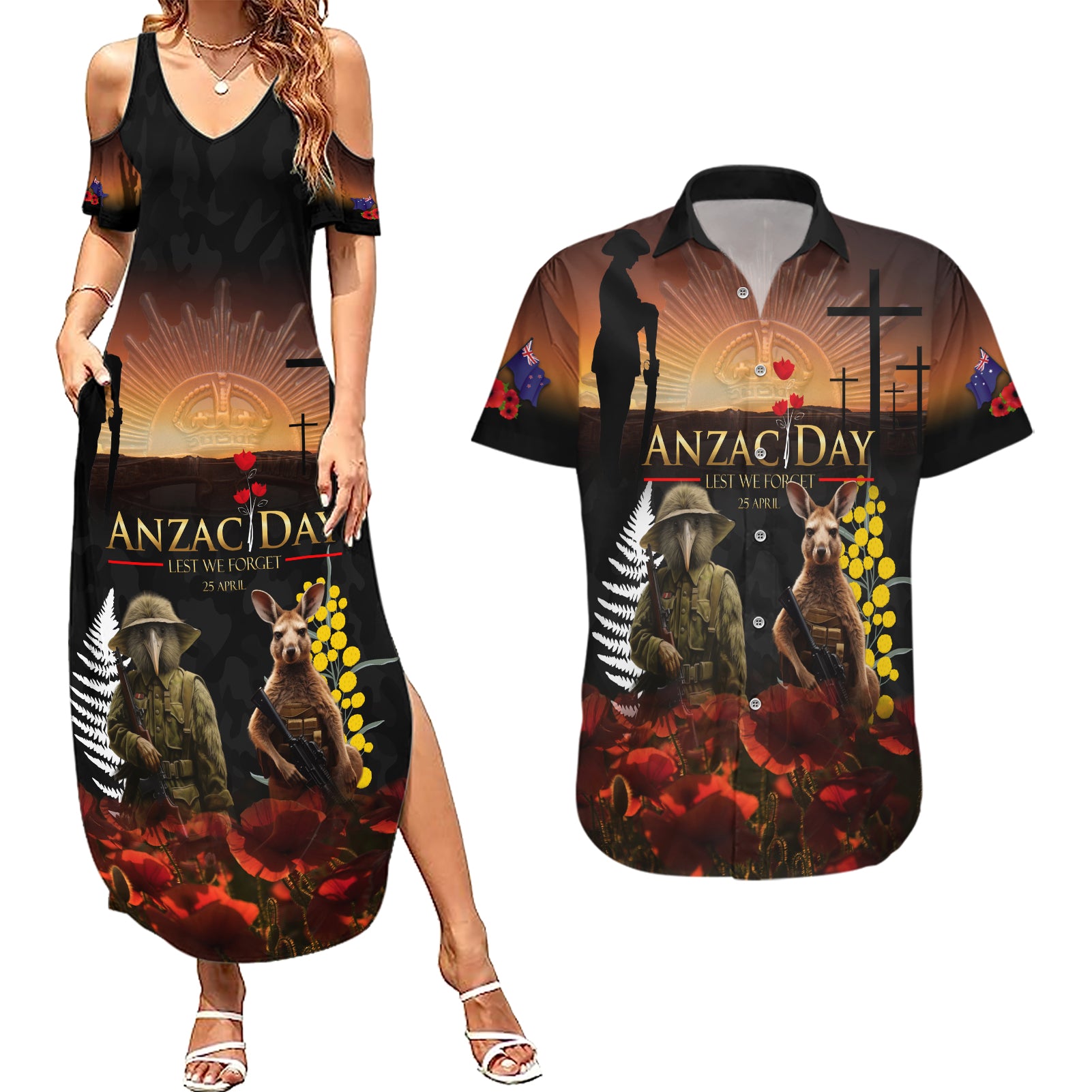 New Zealand and Australia ANZAC Day Couples Matching Summer Maxi Dress and Hawaiian Shirt Kiwi Bird and Kangaroo Soldier