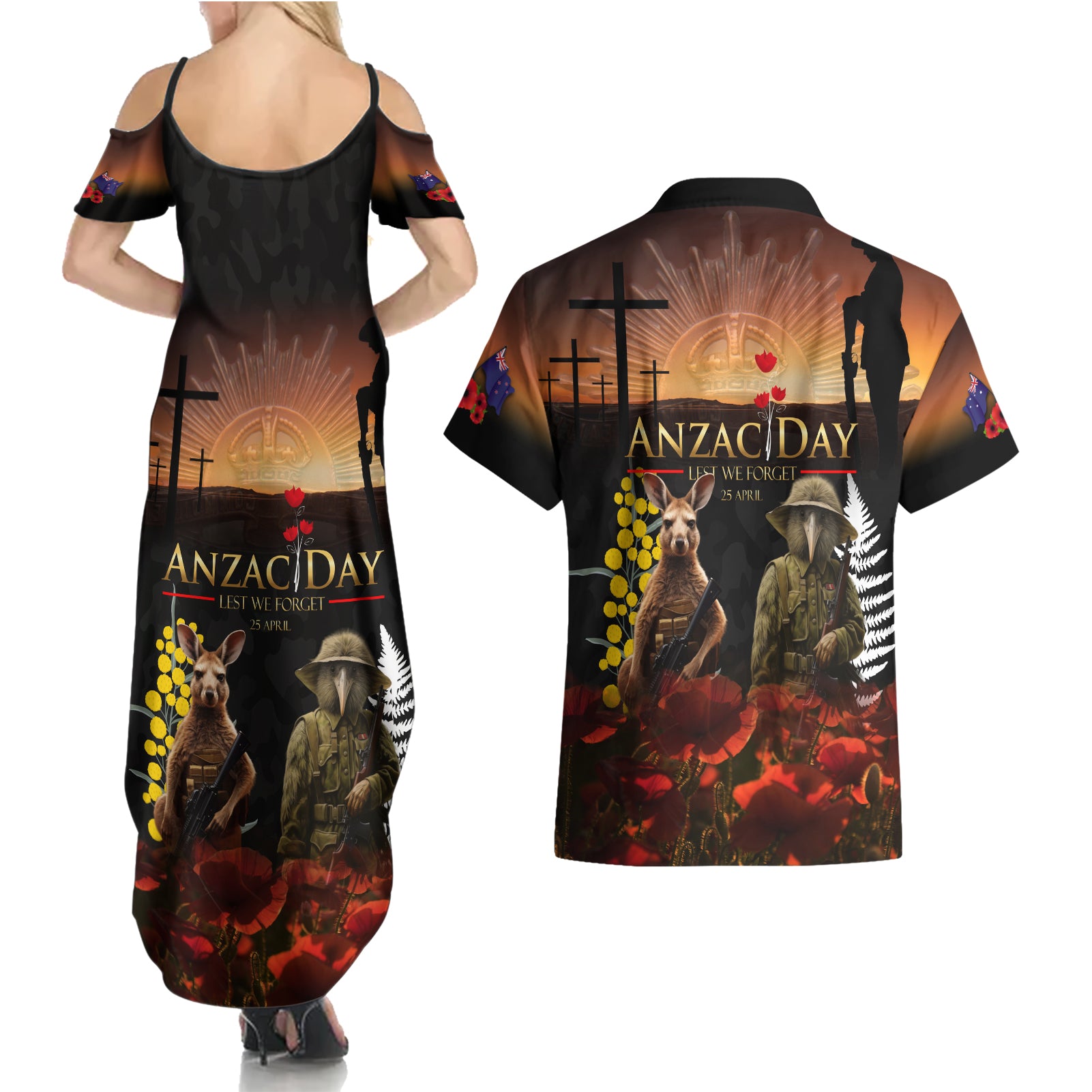New Zealand and Australia ANZAC Day Couples Matching Summer Maxi Dress and Hawaiian Shirt Kiwi Bird and Kangaroo Soldier