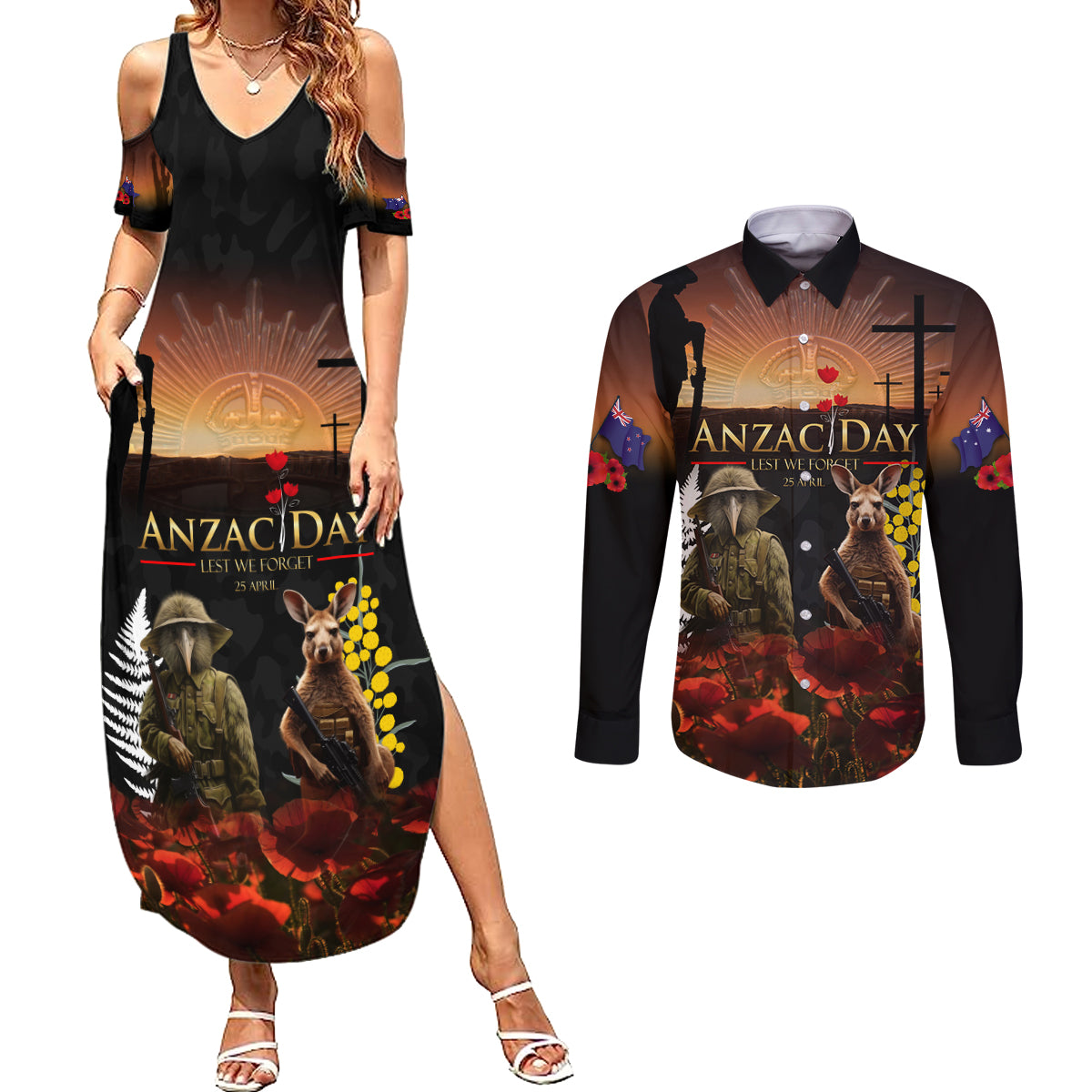 New Zealand and Australia ANZAC Day Couples Matching Summer Maxi Dress and Long Sleeve Button Shirt Kiwi Bird and Kangaroo Soldier