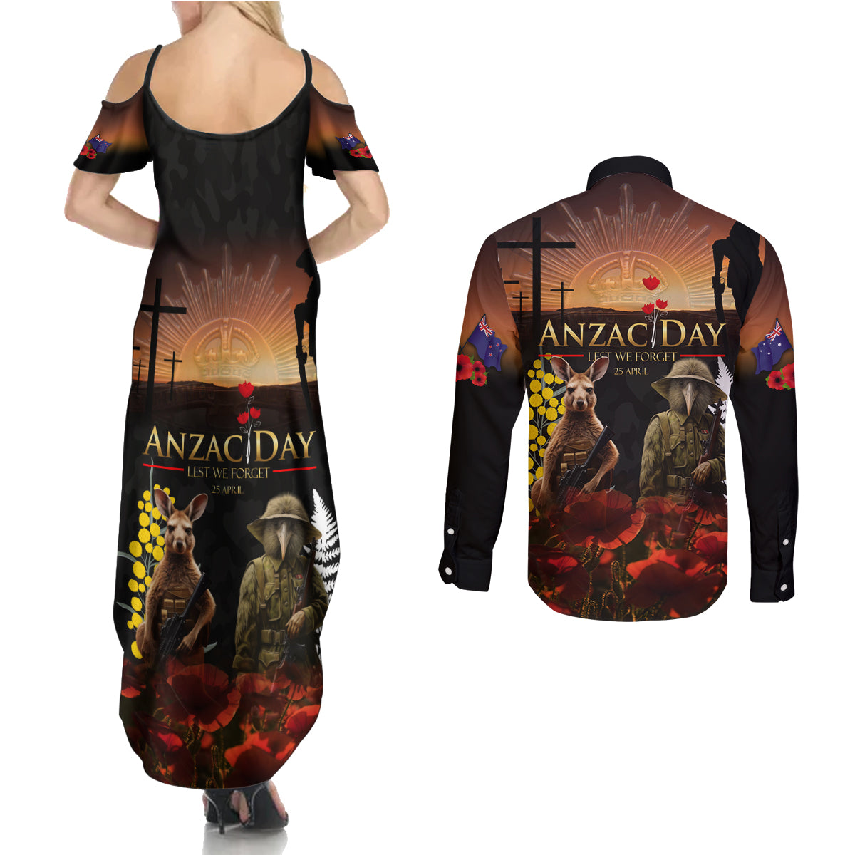 New Zealand and Australia ANZAC Day Couples Matching Summer Maxi Dress and Long Sleeve Button Shirt Kiwi Bird and Kangaroo Soldier