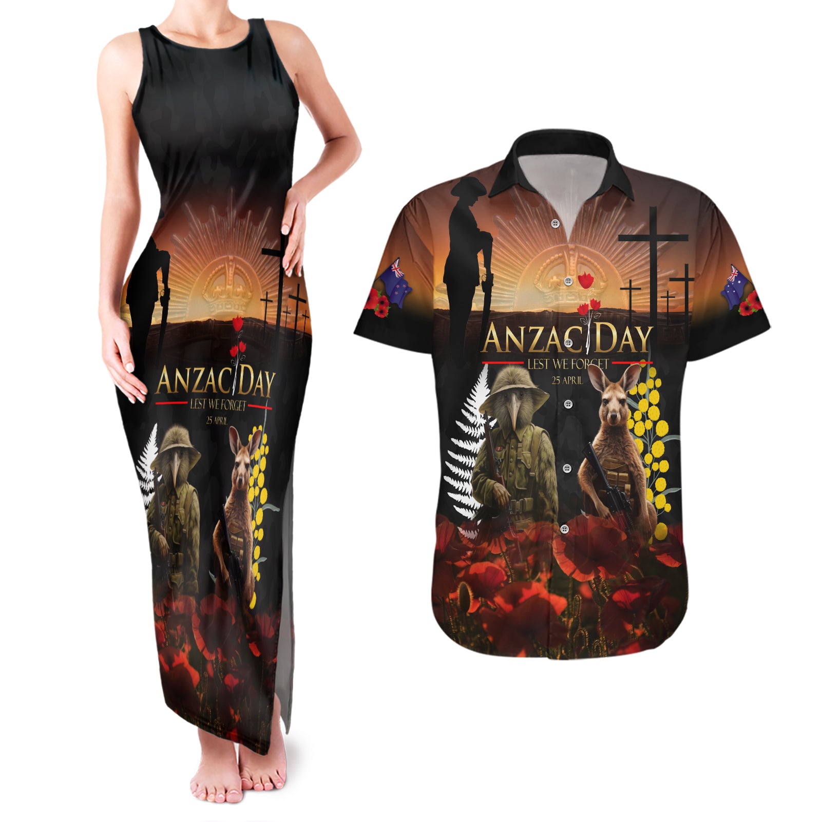 New Zealand and Australia ANZAC Day Couples Matching Tank Maxi Dress and Hawaiian Shirt Kiwi Bird and Kangaroo Soldier