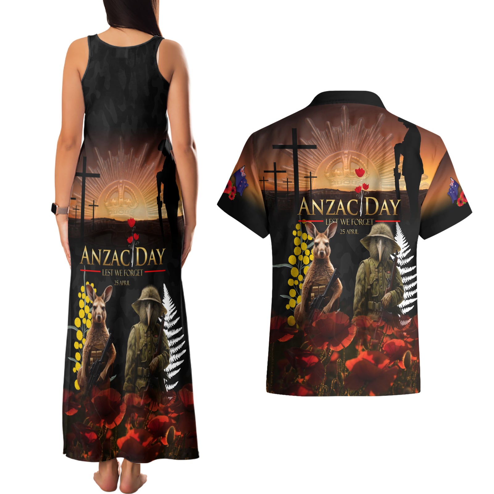 New Zealand and Australia ANZAC Day Couples Matching Tank Maxi Dress and Hawaiian Shirt Kiwi Bird and Kangaroo Soldier