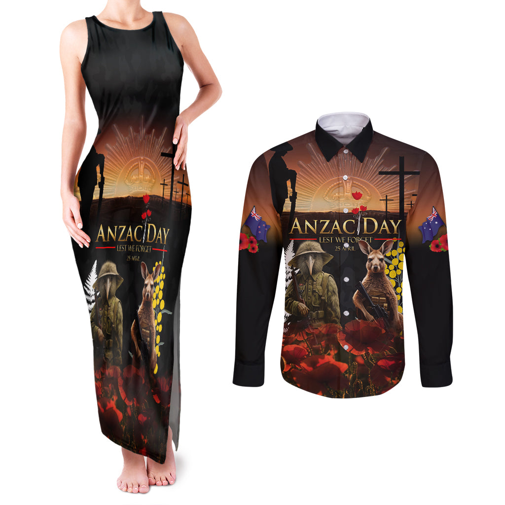 New Zealand and Australia ANZAC Day Couples Matching Tank Maxi Dress and Long Sleeve Button Shirt Kiwi Bird and Kangaroo Soldier