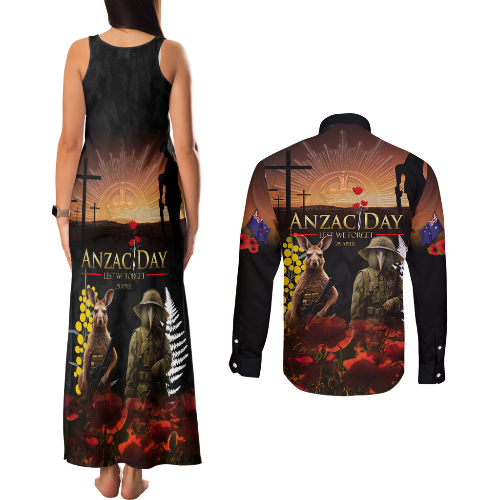 New Zealand and Australia ANZAC Day Couples Matching Tank Maxi Dress and Long Sleeve Button Shirt Kiwi Bird and Kangaroo Soldier