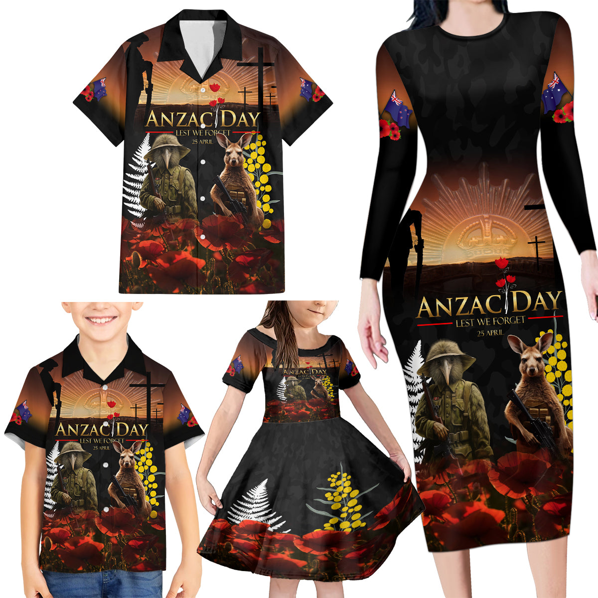 New Zealand and Australia ANZAC Day Family Matching Long Sleeve Bodycon Dress and Hawaiian Shirt Kiwi Bird and Kangaroo Soldier