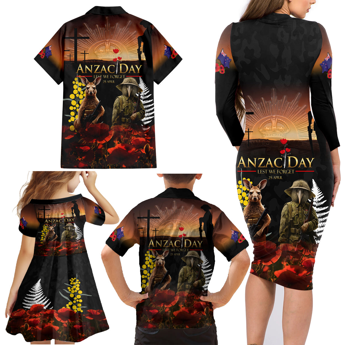 New Zealand and Australia ANZAC Day Family Matching Long Sleeve Bodycon Dress and Hawaiian Shirt Kiwi Bird and Kangaroo Soldier