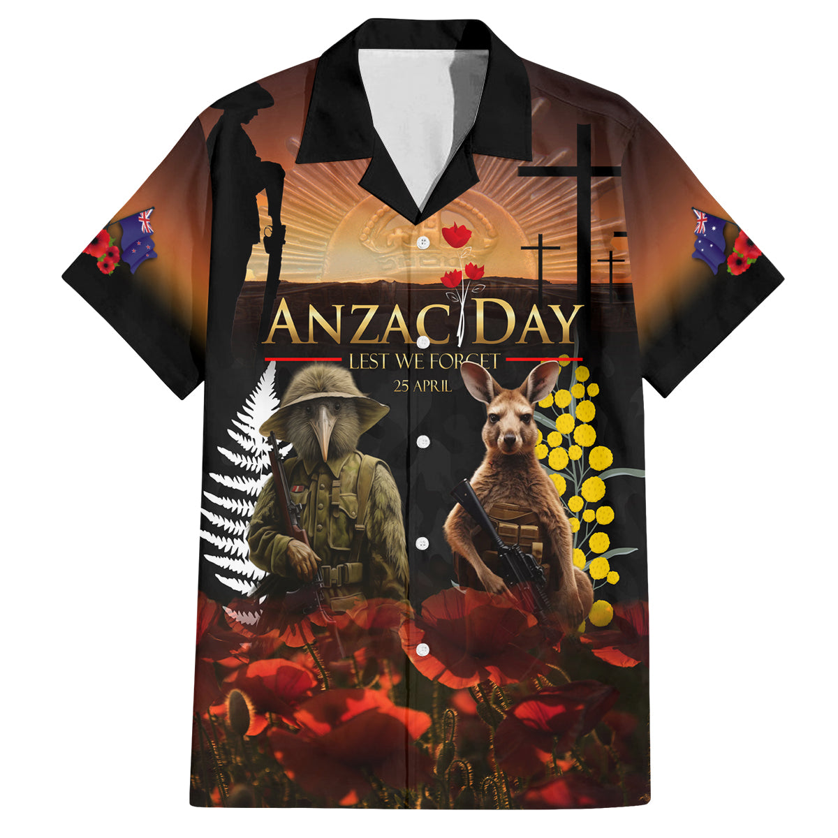 New Zealand and Australia ANZAC Day Family Matching Long Sleeve Bodycon Dress and Hawaiian Shirt Kiwi Bird and Kangaroo Soldier