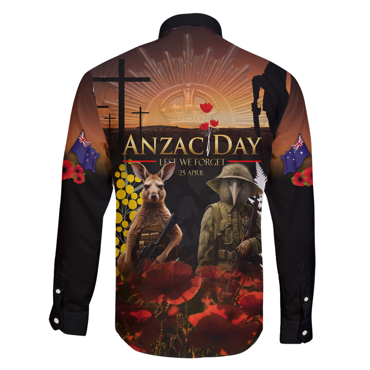 New Zealand and Australia ANZAC Day Family Matching Long Sleeve Bodycon Dress and Hawaiian Shirt Kiwi Bird and Kangaroo Soldier