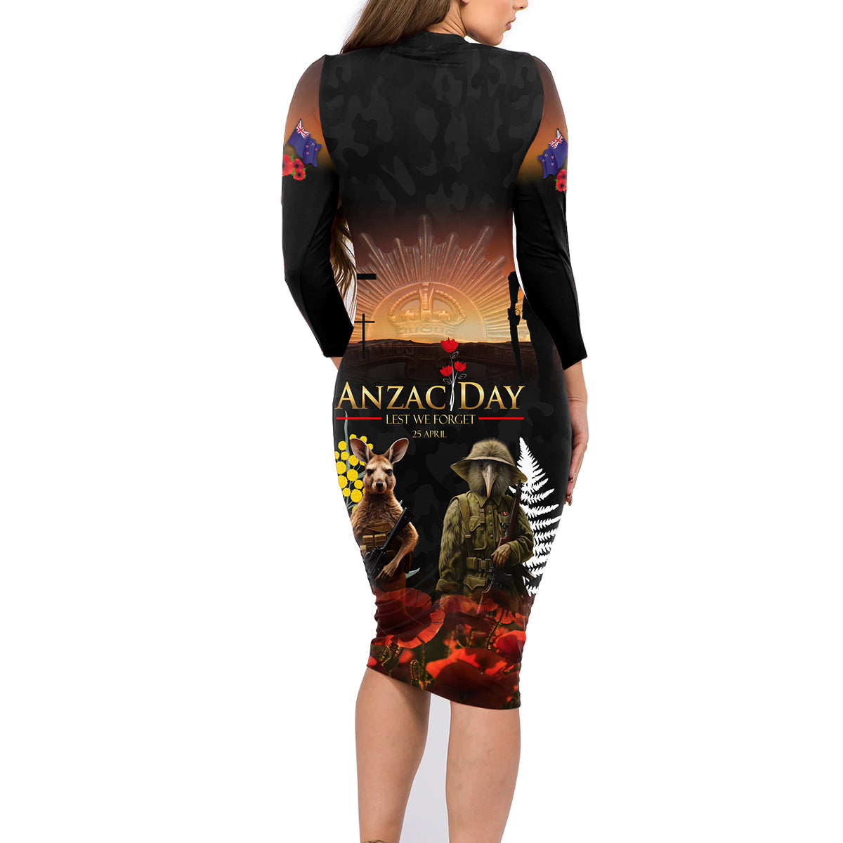 New Zealand and Australia ANZAC Day Family Matching Long Sleeve Bodycon Dress and Hawaiian Shirt Kiwi Bird and Kangaroo Soldier