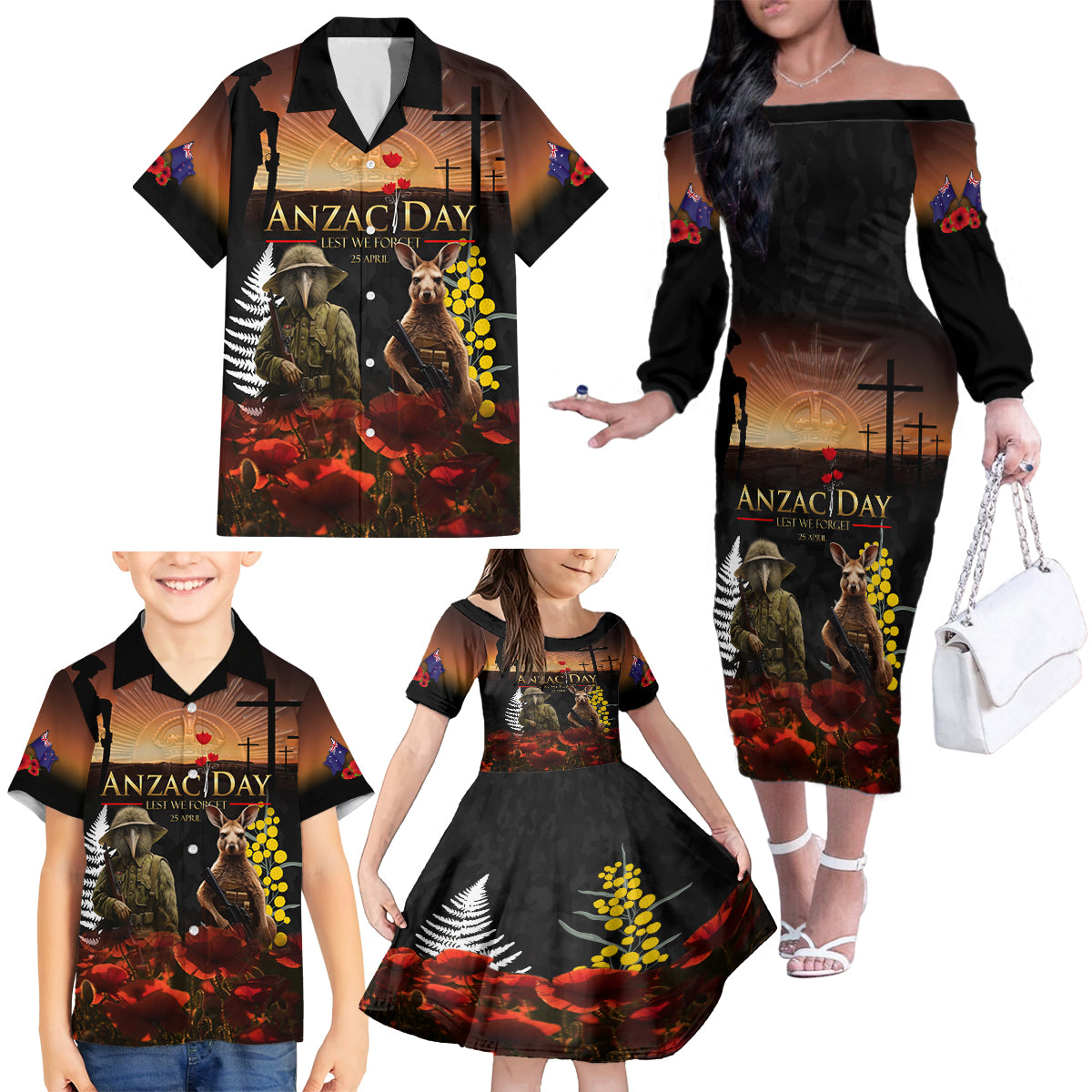 New Zealand and Australia ANZAC Day Family Matching Off Shoulder Long Sleeve Dress and Hawaiian Shirt Kiwi Bird and Kangaroo Soldier