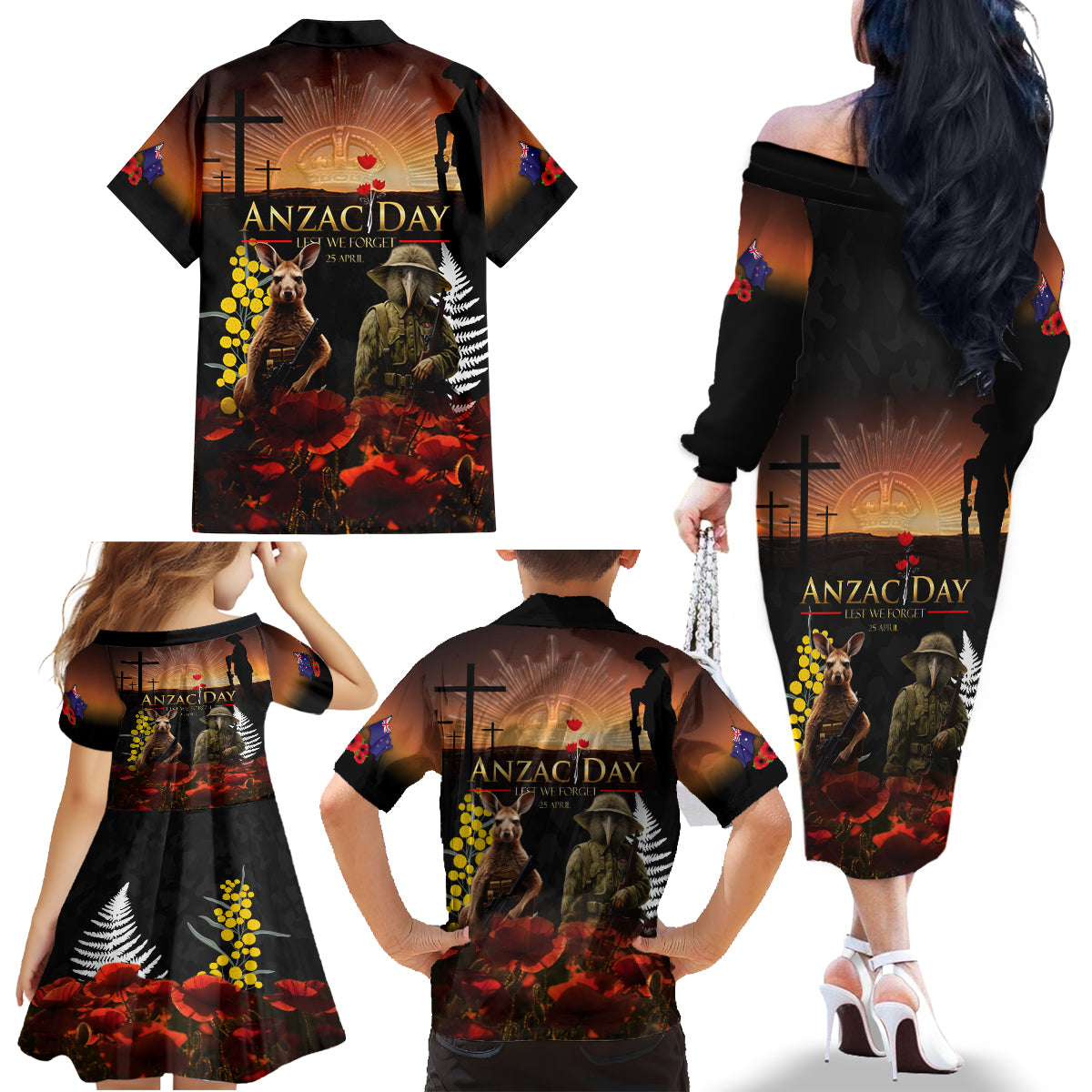 New Zealand and Australia ANZAC Day Family Matching Off Shoulder Long Sleeve Dress and Hawaiian Shirt Kiwi Bird and Kangaroo Soldier