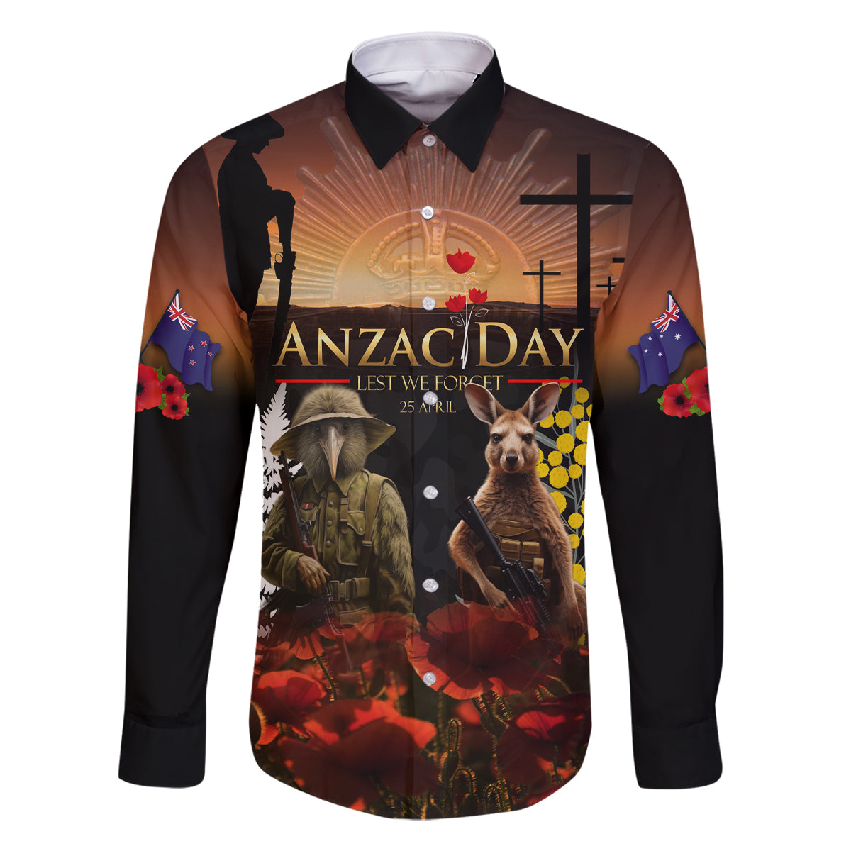 New Zealand and Australia ANZAC Day Family Matching Off Shoulder Long Sleeve Dress and Hawaiian Shirt Kiwi Bird and Kangaroo Soldier