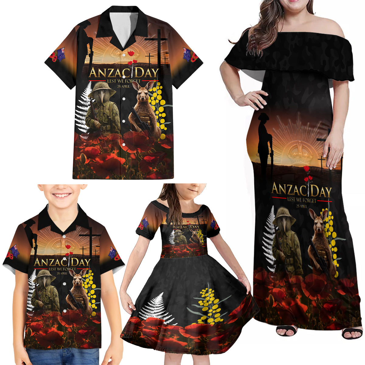 New Zealand and Australia ANZAC Day Family Matching Off Shoulder Maxi Dress and Hawaiian Shirt Kiwi Bird and Kangaroo Soldier