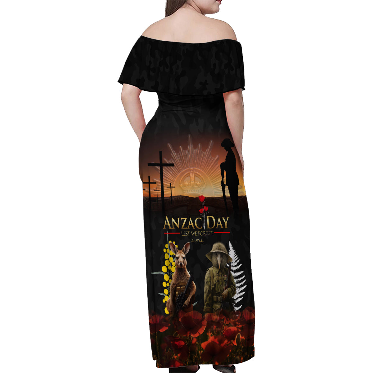 New Zealand and Australia ANZAC Day Family Matching Off Shoulder Maxi Dress and Hawaiian Shirt Kiwi Bird and Kangaroo Soldier