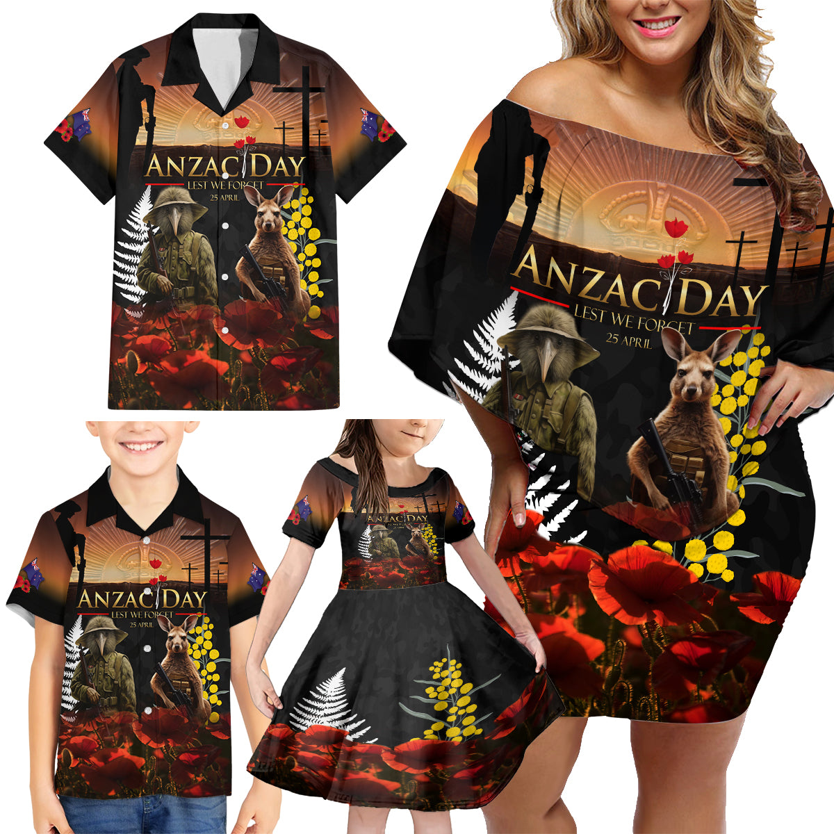 New Zealand and Australia ANZAC Day Family Matching Off Shoulder Short Dress and Hawaiian Shirt Kiwi Bird and Kangaroo Soldier