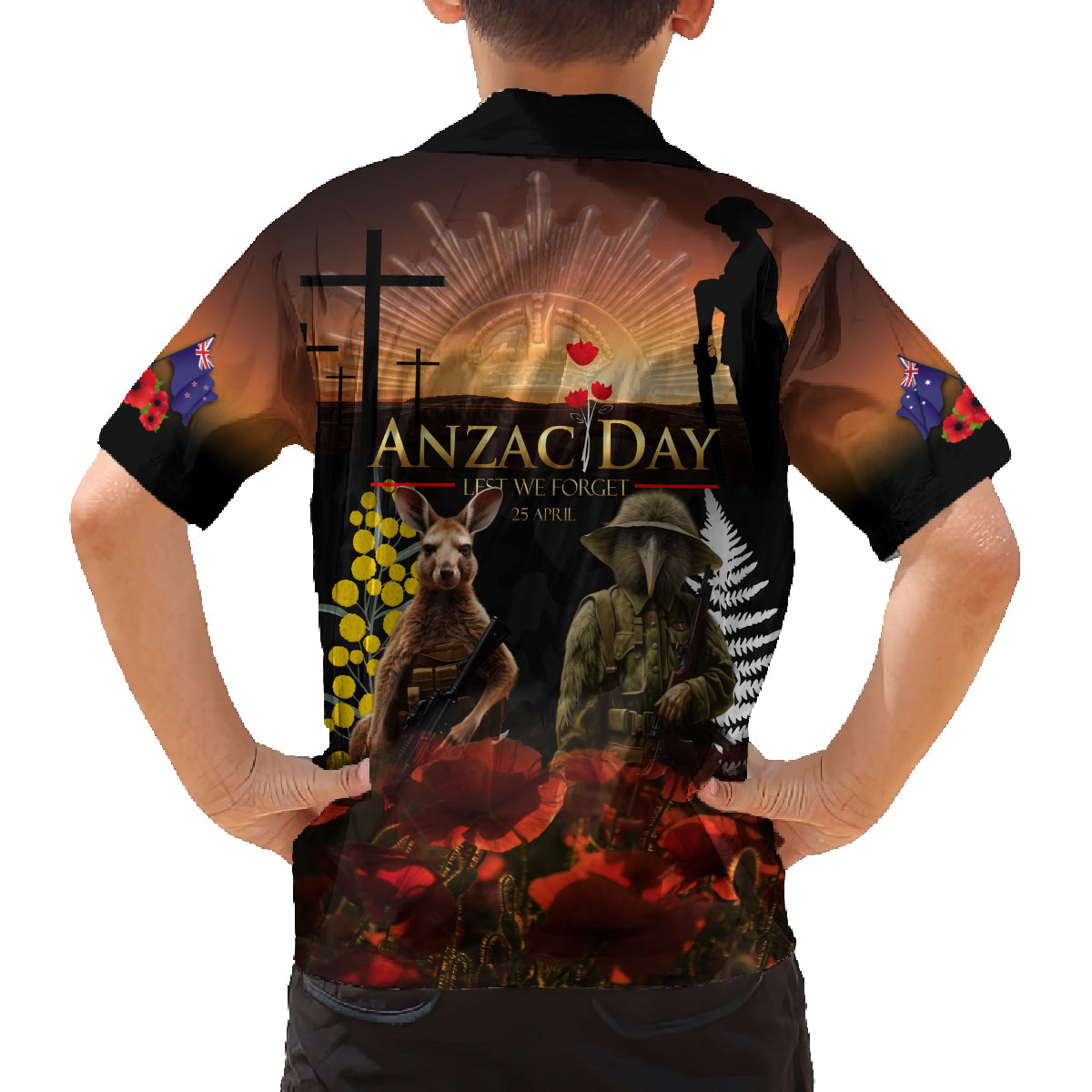 New Zealand and Australia ANZAC Day Family Matching Off Shoulder Short Dress and Hawaiian Shirt Kiwi Bird and Kangaroo Soldier