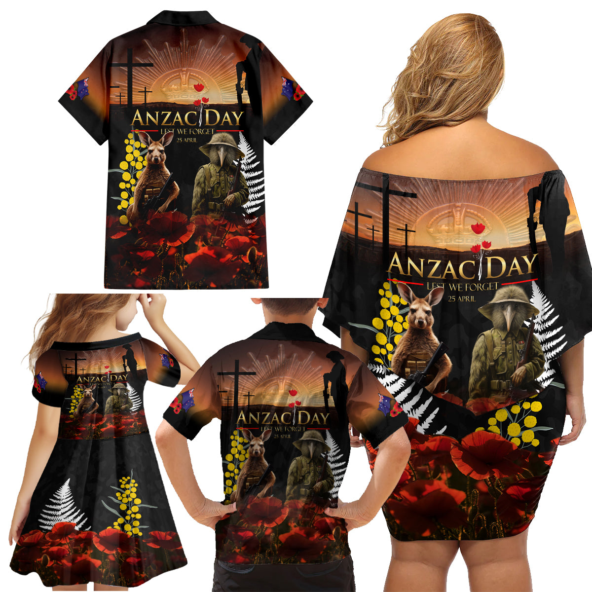 New Zealand and Australia ANZAC Day Family Matching Off Shoulder Short Dress and Hawaiian Shirt Kiwi Bird and Kangaroo Soldier