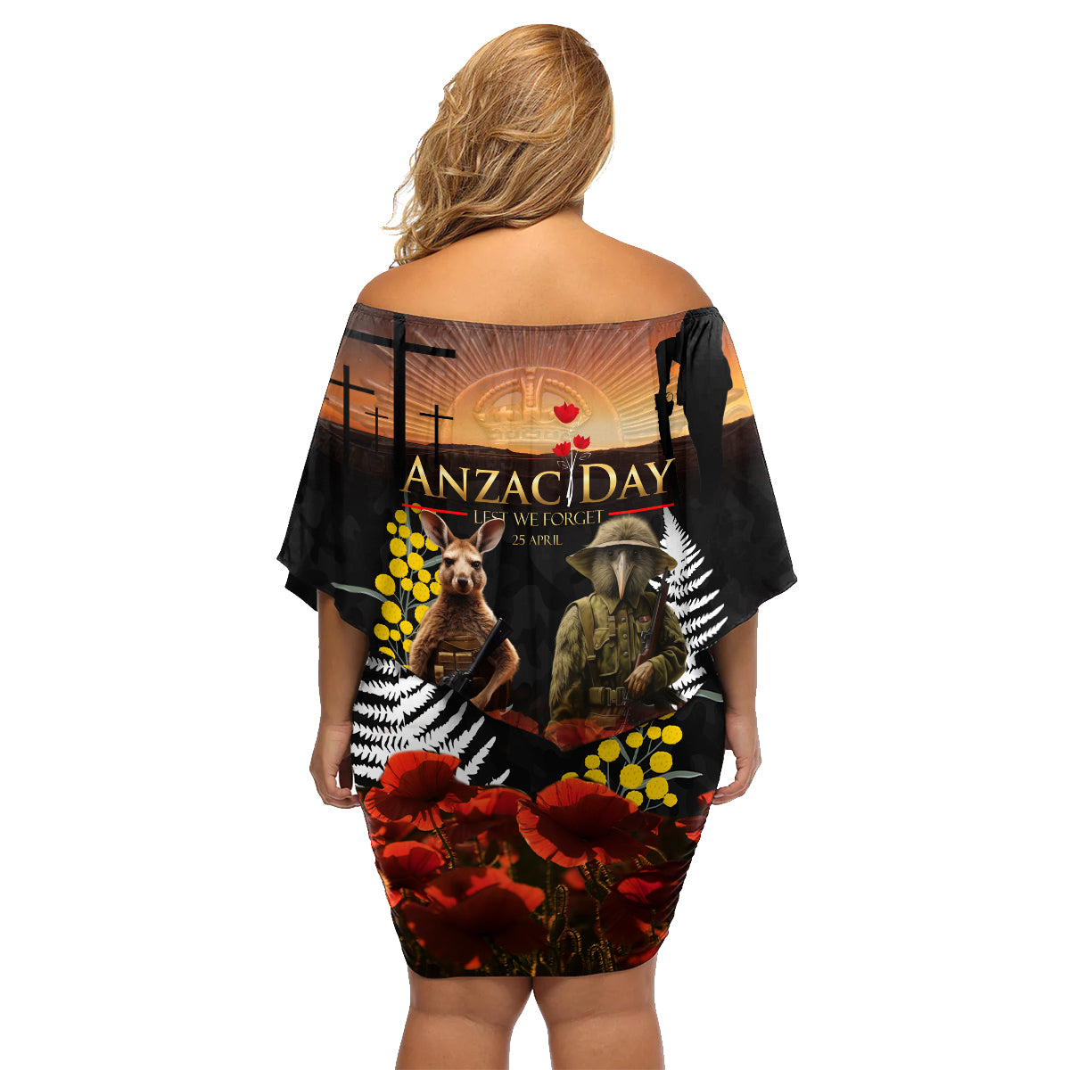 New Zealand and Australia ANZAC Day Family Matching Off Shoulder Short Dress and Hawaiian Shirt Kiwi Bird and Kangaroo Soldier