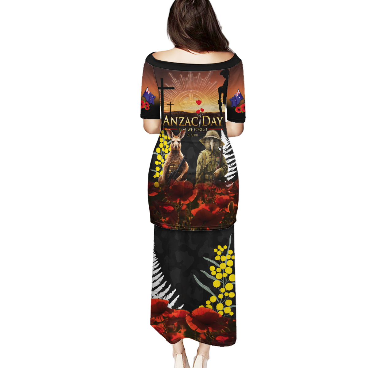 New Zealand and Australia ANZAC Day Family Matching Puletasi and Hawaiian Shirt Kiwi Bird and Kangaroo Soldier