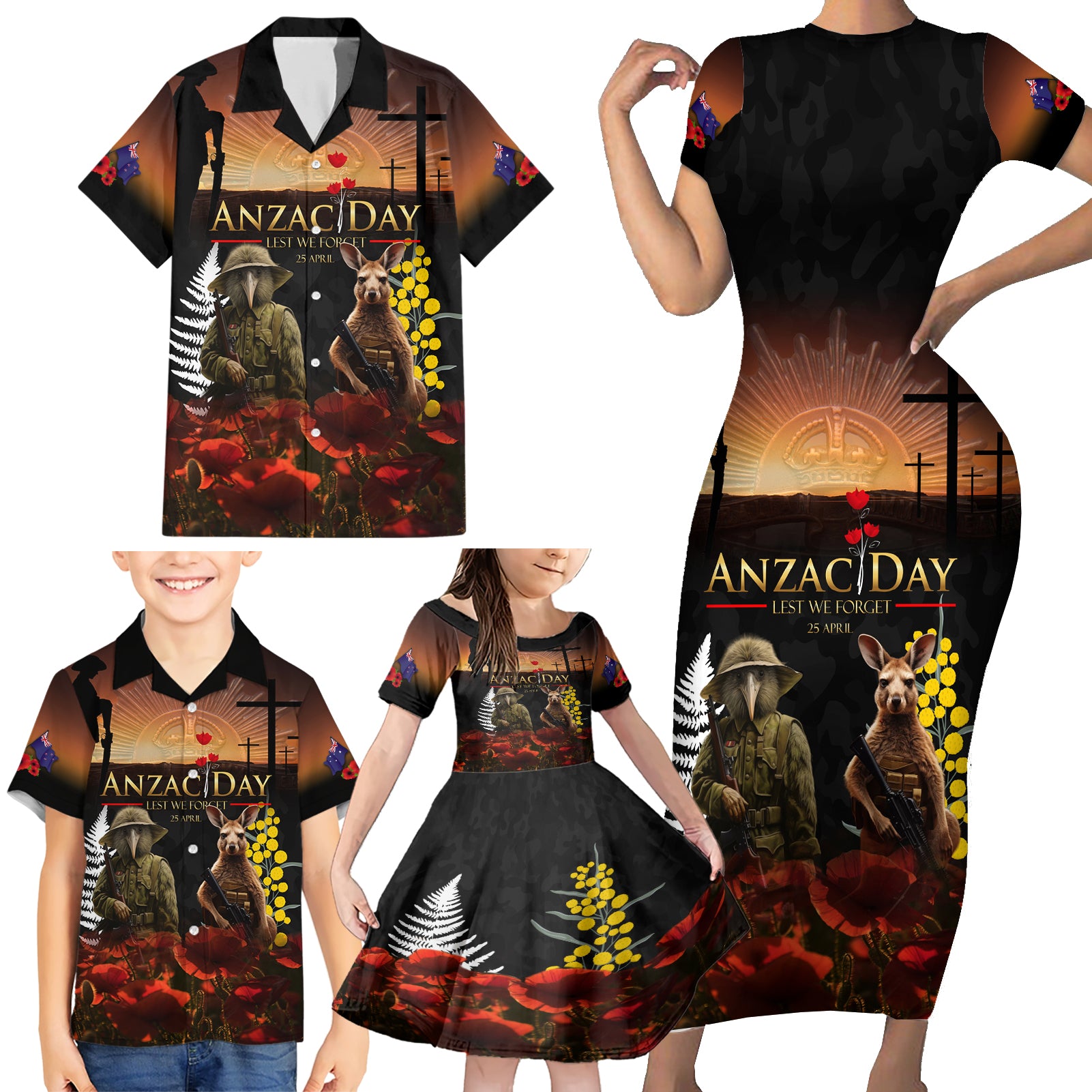 New Zealand and Australia ANZAC Day Family Matching Short Sleeve Bodycon Dress and Hawaiian Shirt Kiwi Bird and Kangaroo Soldier