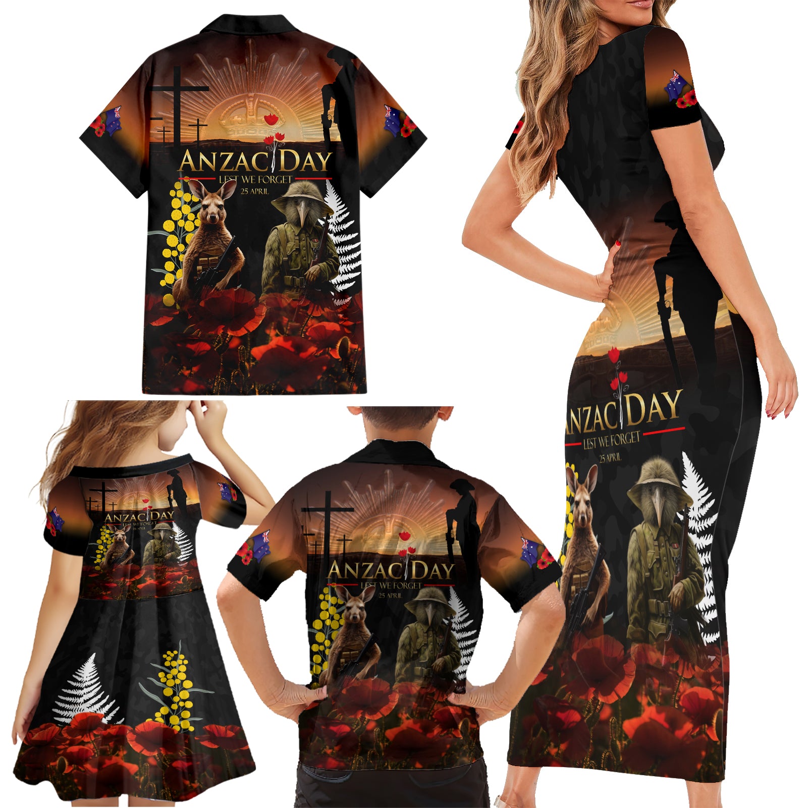 New Zealand and Australia ANZAC Day Family Matching Short Sleeve Bodycon Dress and Hawaiian Shirt Kiwi Bird and Kangaroo Soldier