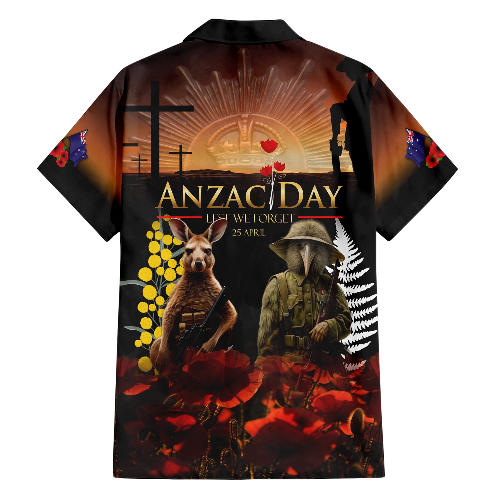 New Zealand and Australia ANZAC Day Family Matching Short Sleeve Bodycon Dress and Hawaiian Shirt Kiwi Bird and Kangaroo Soldier