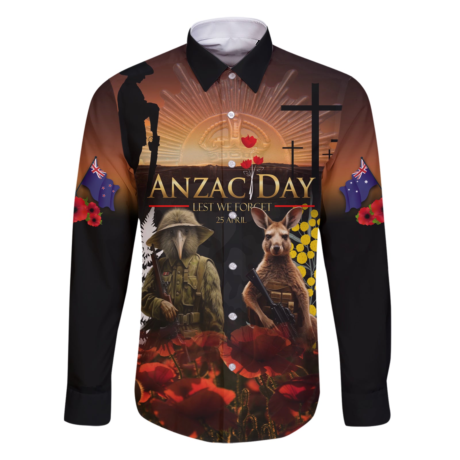 New Zealand and Australia ANZAC Day Family Matching Short Sleeve Bodycon Dress and Hawaiian Shirt Kiwi Bird and Kangaroo Soldier