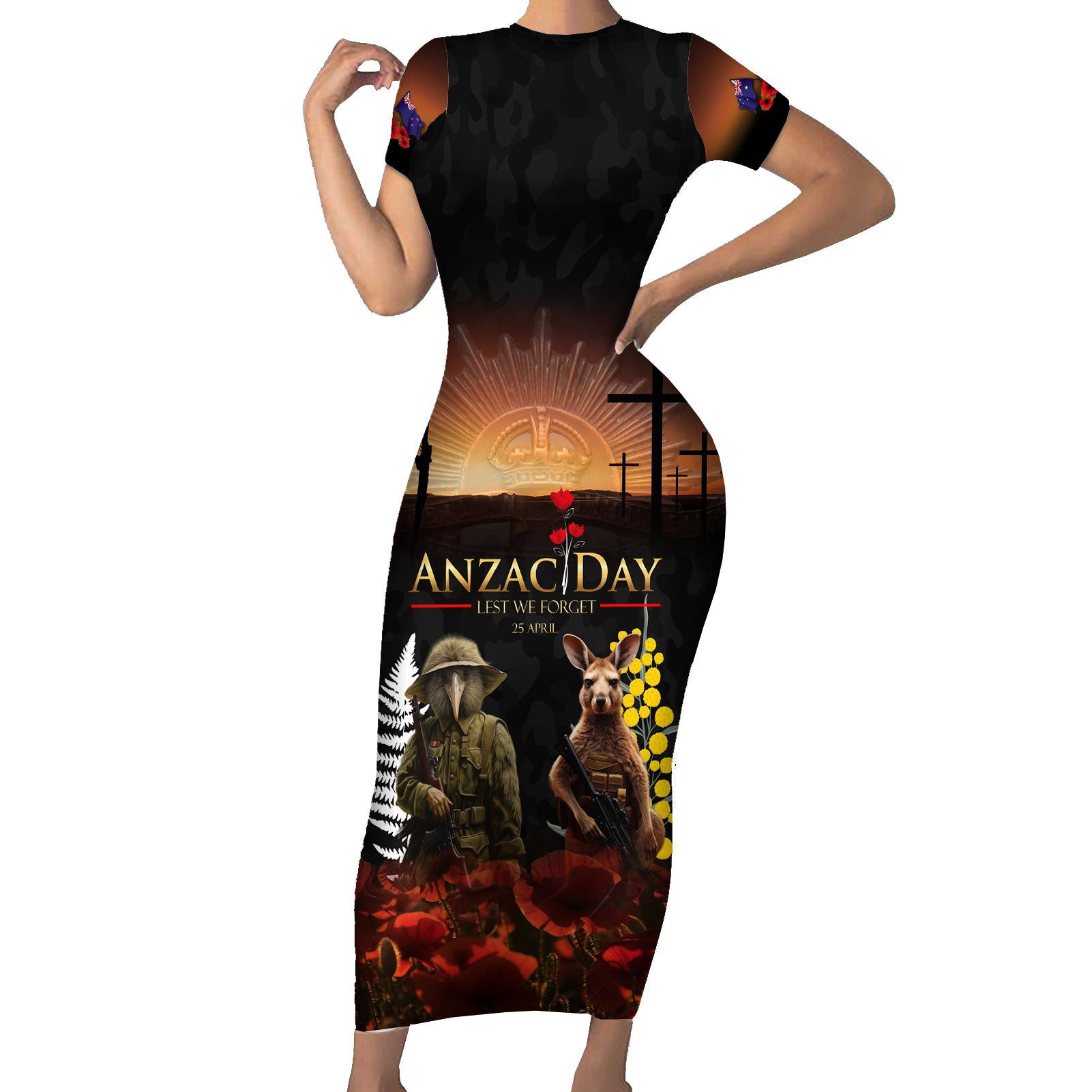New Zealand and Australia ANZAC Day Family Matching Short Sleeve Bodycon Dress and Hawaiian Shirt Kiwi Bird and Kangaroo Soldier