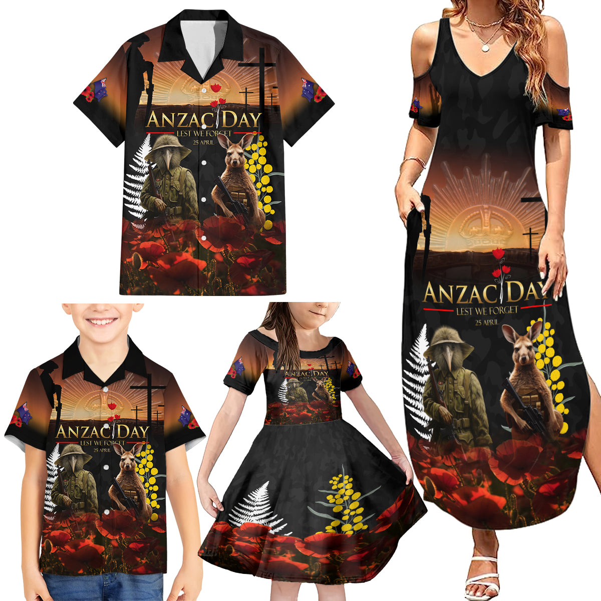 New Zealand and Australia ANZAC Day Family Matching Summer Maxi Dress and Hawaiian Shirt Kiwi Bird and Kangaroo Soldier