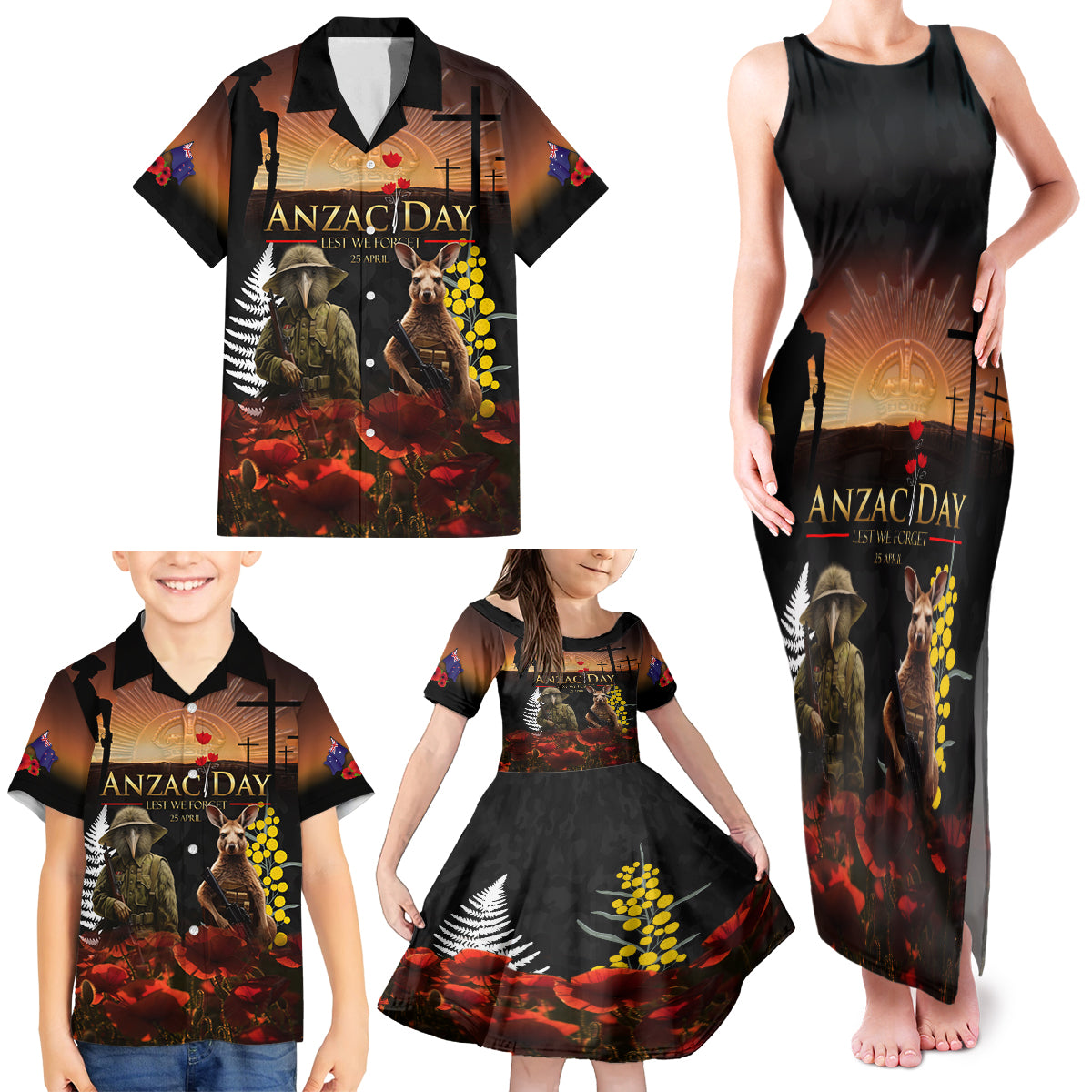 New Zealand and Australia ANZAC Day Family Matching Tank Maxi Dress and Hawaiian Shirt Kiwi Bird and Kangaroo Soldier
