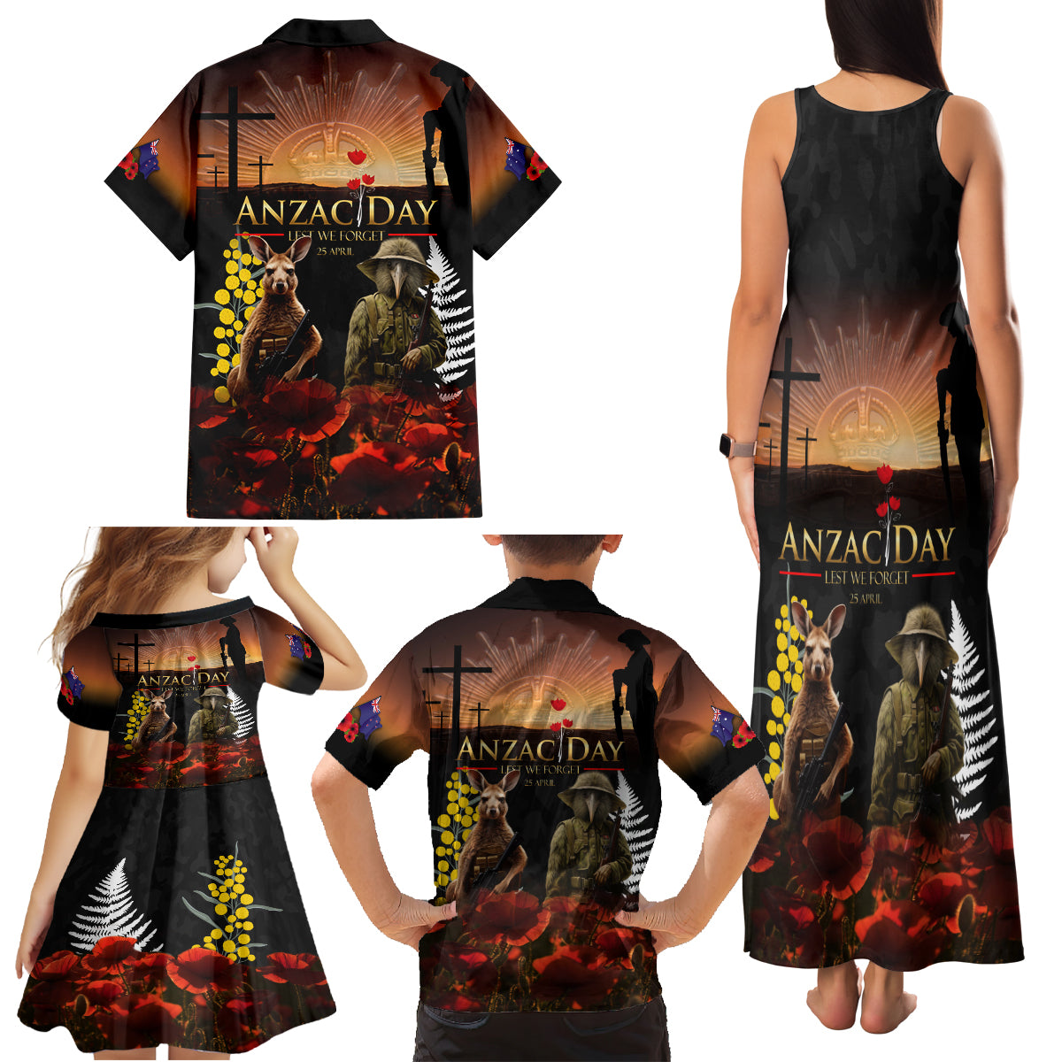 New Zealand and Australia ANZAC Day Family Matching Tank Maxi Dress and Hawaiian Shirt Kiwi Bird and Kangaroo Soldier