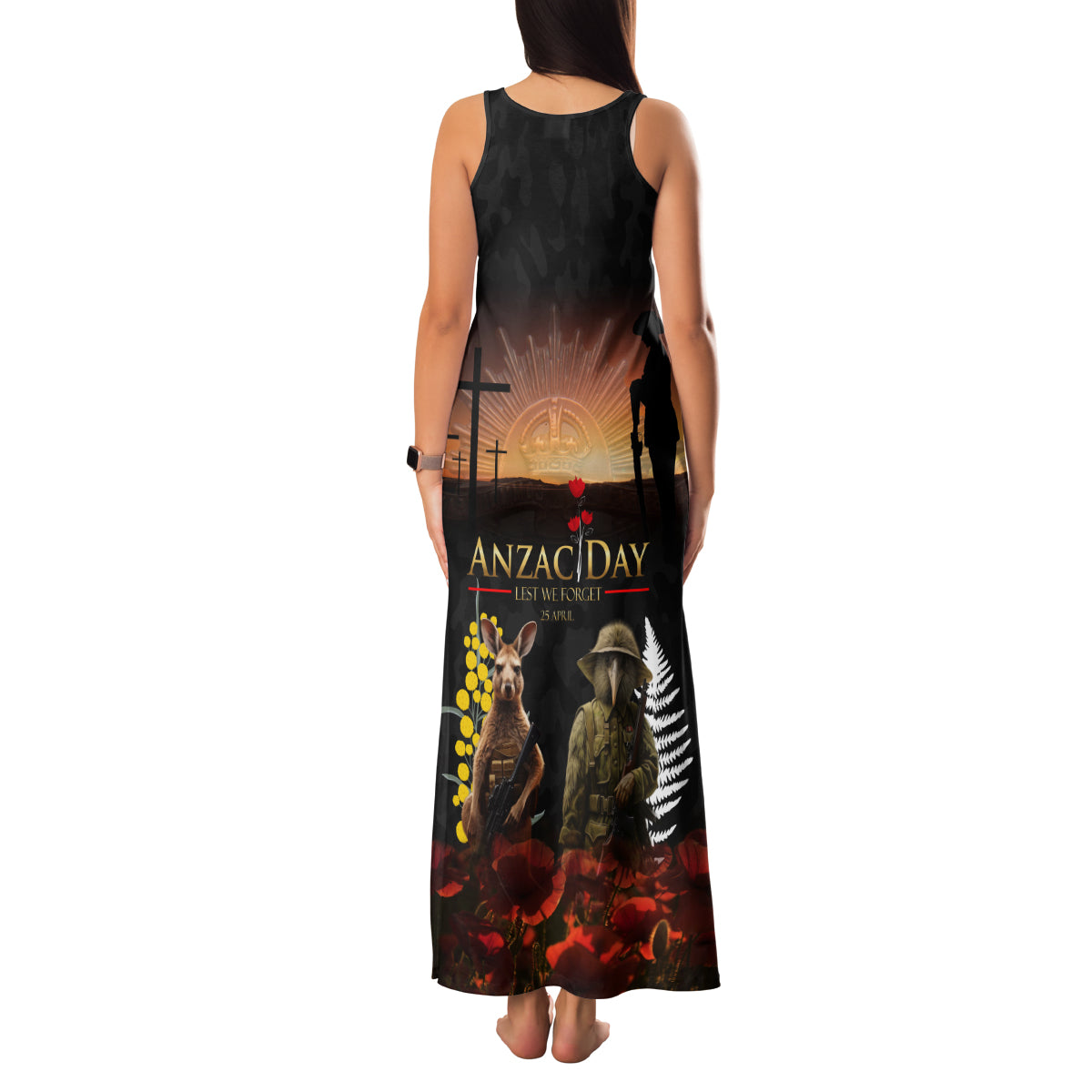 New Zealand and Australia ANZAC Day Family Matching Tank Maxi Dress and Hawaiian Shirt Kiwi Bird and Kangaroo Soldier