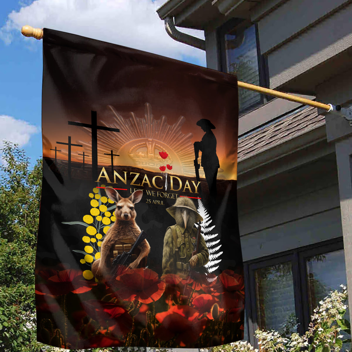 New Zealand and Australia ANZAC Day Garden Flag Kiwi Bird and Kangaroo Soldier - Vibe Hoodie Shop