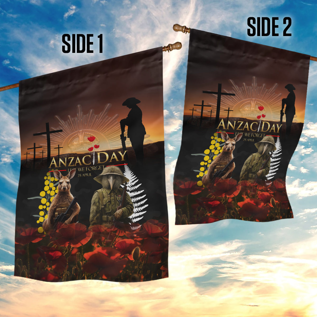 New Zealand and Australia ANZAC Day Garden Flag Kiwi Bird and Kangaroo Soldier - Vibe Hoodie Shop