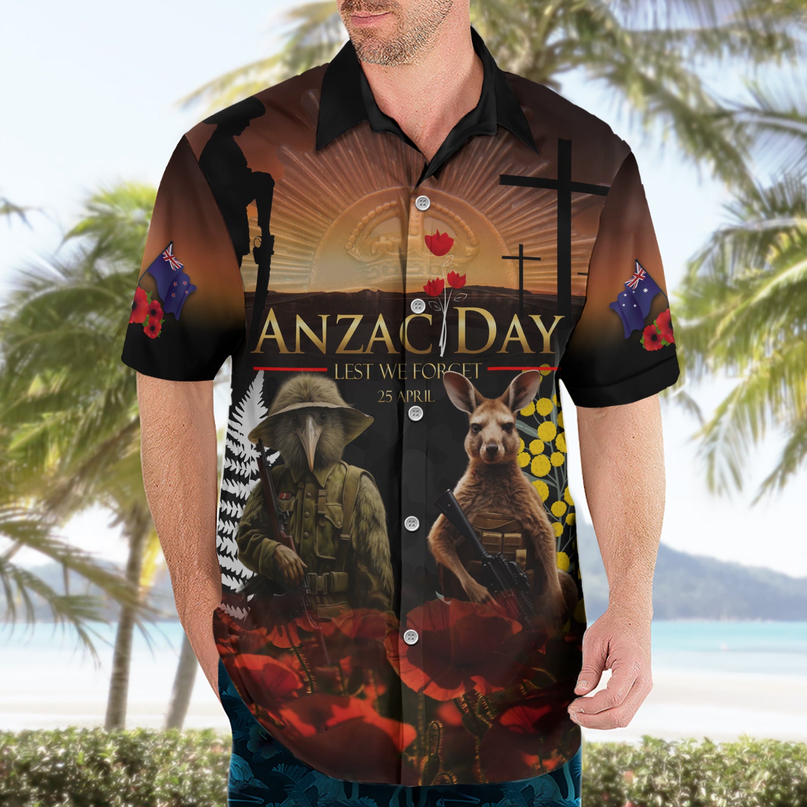 New Zealand and Australia ANZAC Day Hawaiian Shirt Kiwi Bird and Kangaroo Soldier - Vibe Hoodie Shop