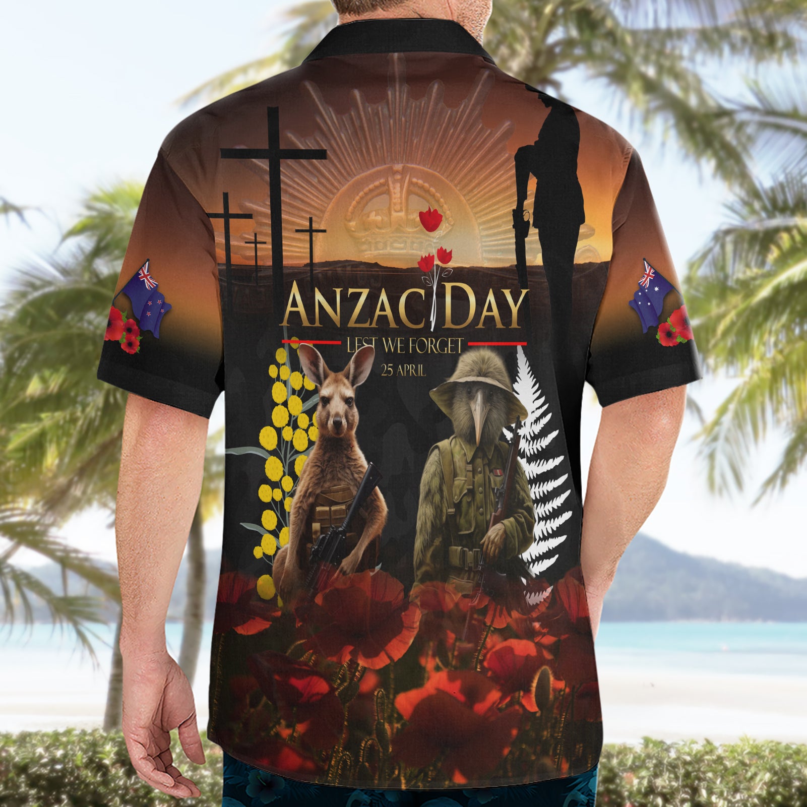 New Zealand and Australia ANZAC Day Hawaiian Shirt Kiwi Bird and Kangaroo Soldier - Vibe Hoodie Shop