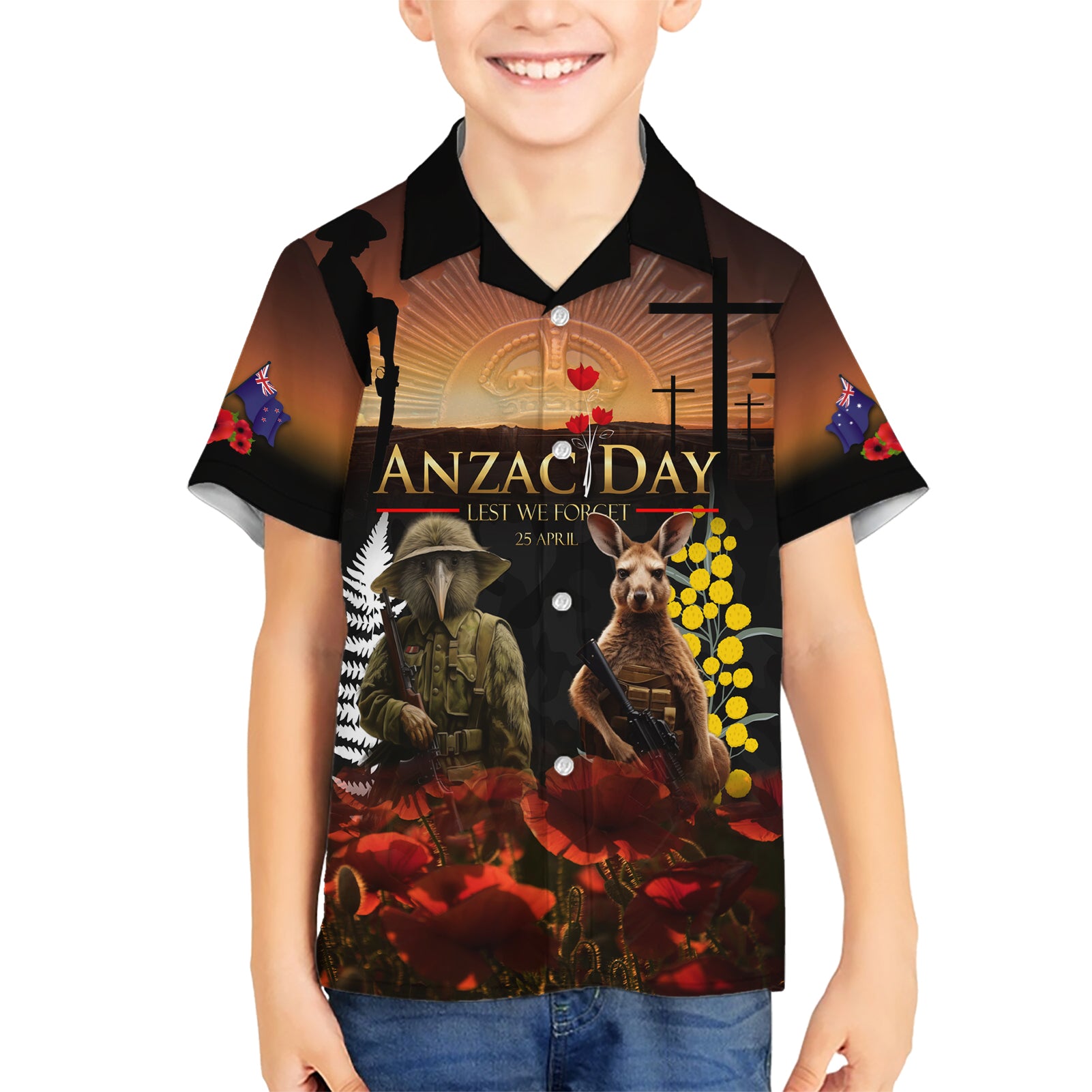 New Zealand and Australia ANZAC Day Hawaiian Shirt Kiwi Bird and Kangaroo Soldier - Vibe Hoodie Shop