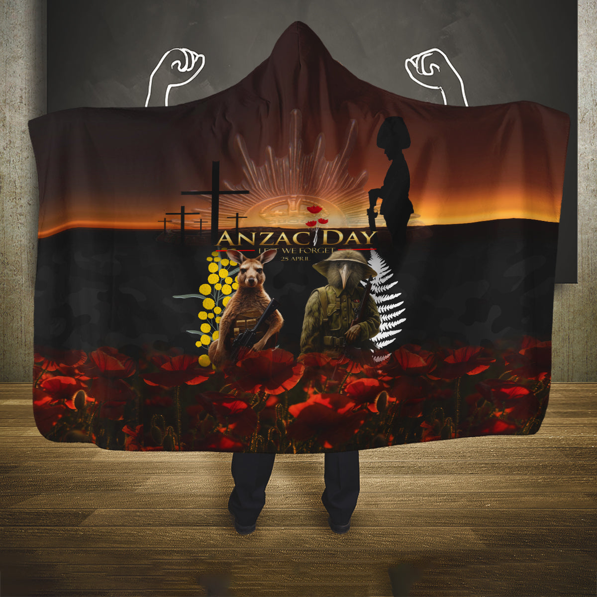 New Zealand and Australia ANZAC Day Hooded Blanket Kiwi Bird and Kangaroo Soldier