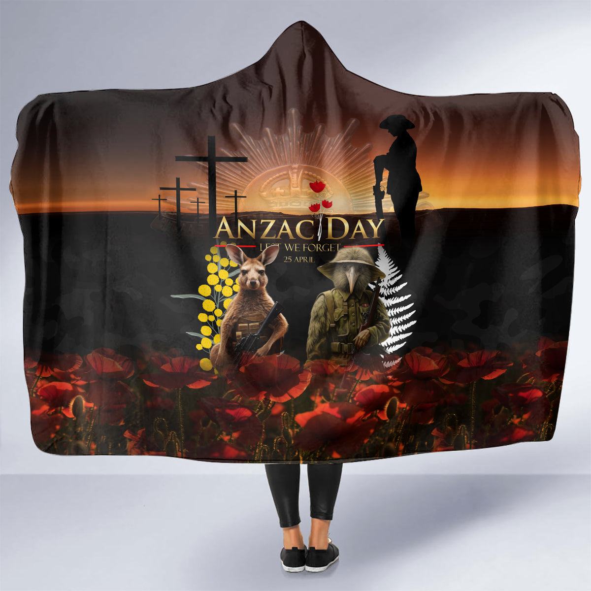 New Zealand and Australia ANZAC Day Hooded Blanket Kiwi Bird and Kangaroo Soldier