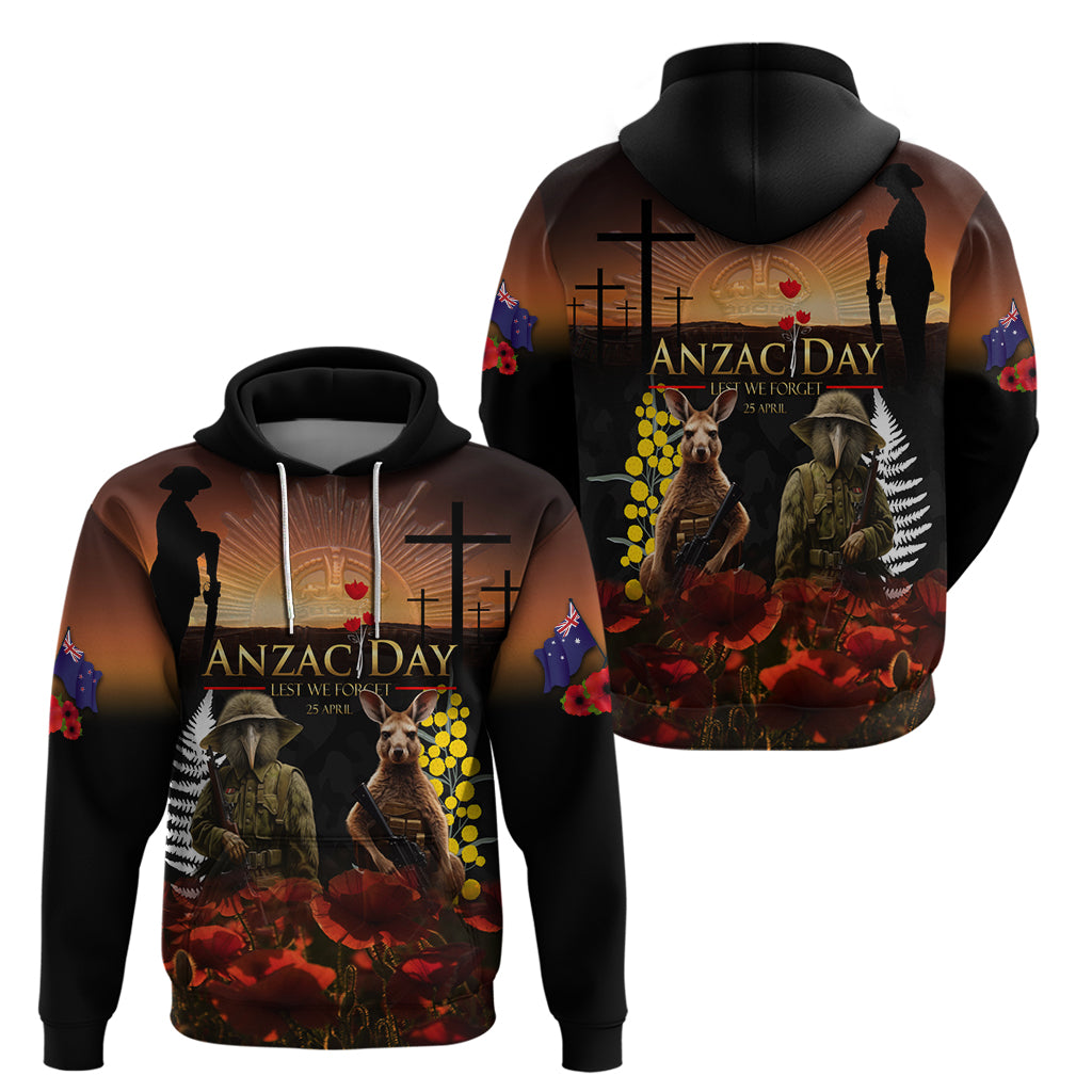 New Zealand and Australia ANZAC Day Hoodie Kiwi Bird and Kangaroo Soldier - Vibe Hoodie Shop