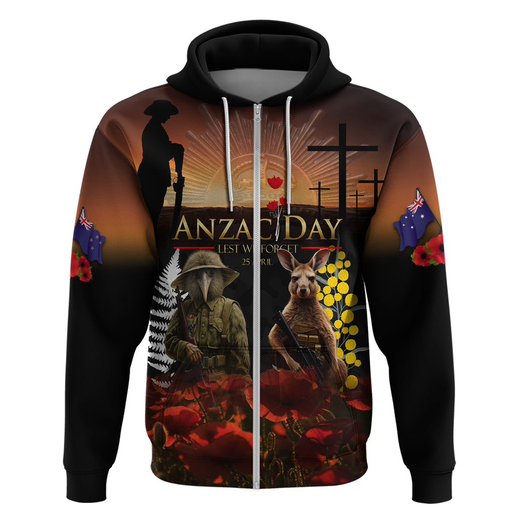 New Zealand and Australia ANZAC Day Hoodie Kiwi Bird and Kangaroo Soldier - Vibe Hoodie Shop