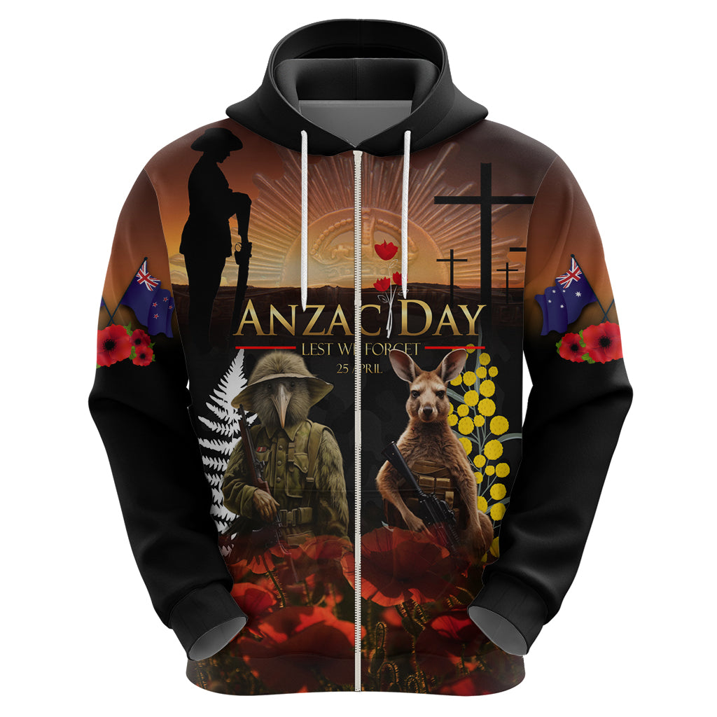 New Zealand and Australia ANZAC Day Hoodie Kiwi Bird and Kangaroo Soldier - Vibe Hoodie Shop