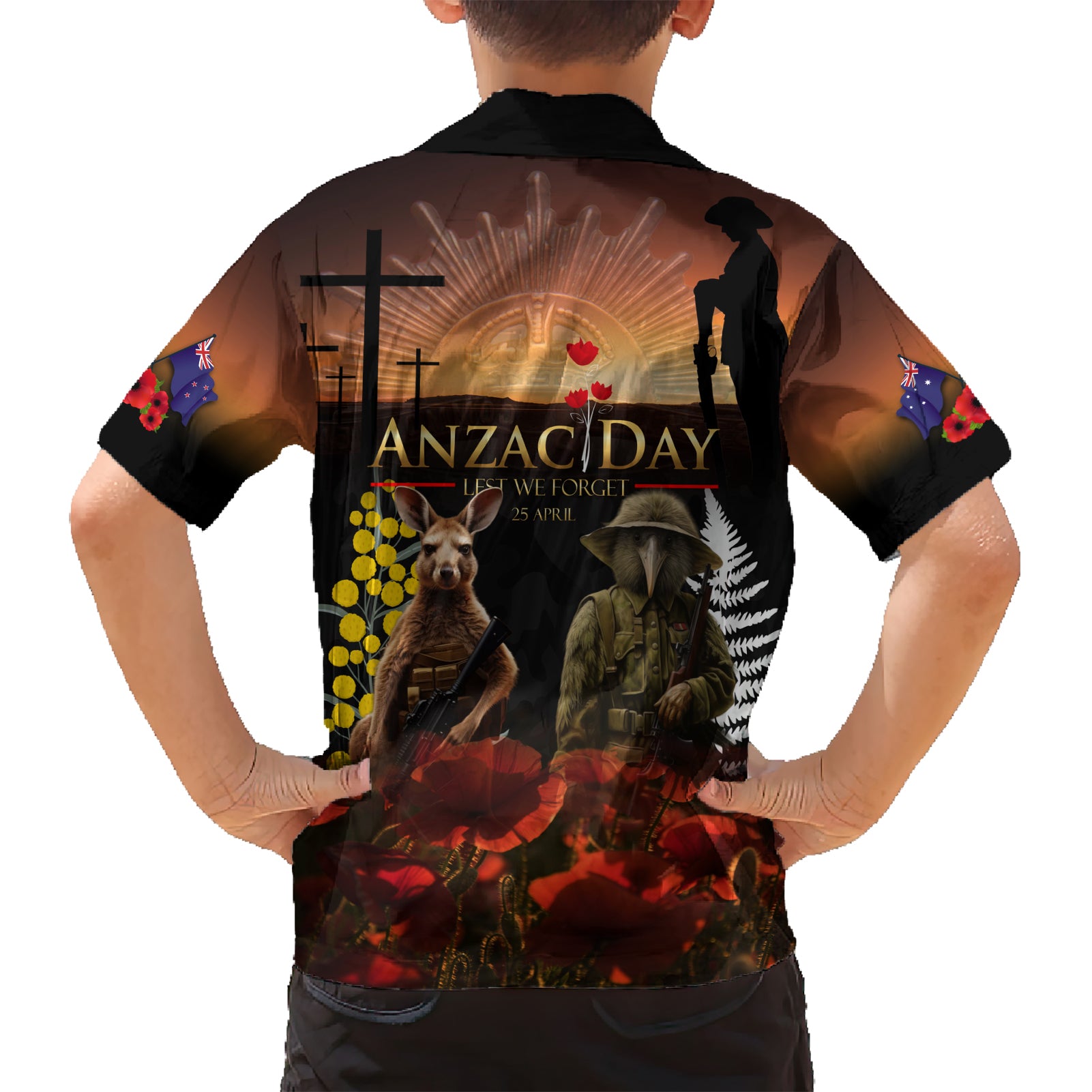 New Zealand and Australia ANZAC Day Kid Hawaiian Shirt Kiwi Bird and Kangaroo Soldier