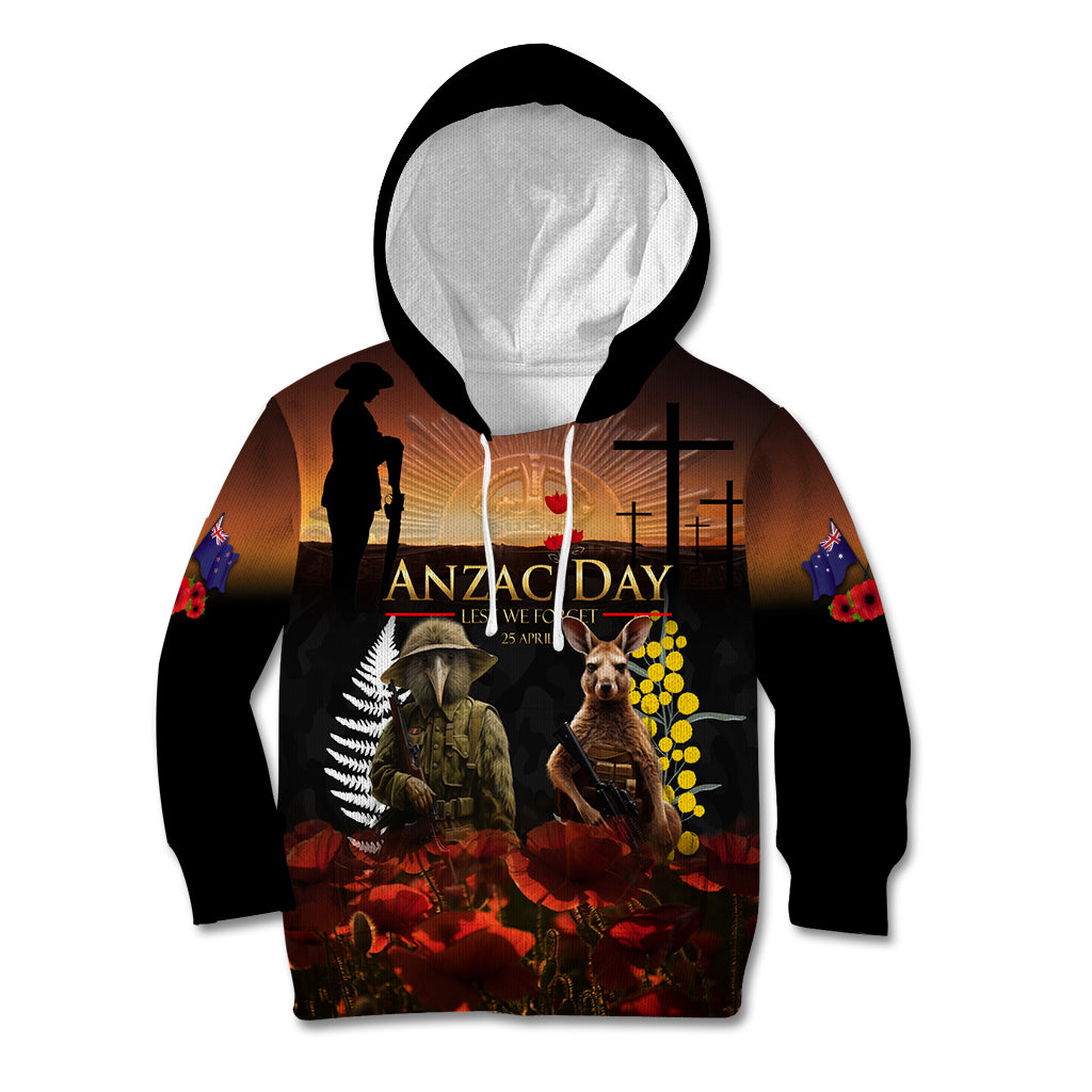 New Zealand and Australia ANZAC Day Kid Hoodie Kiwi Bird and Kangaroo Soldier - Vibe Hoodie Shop